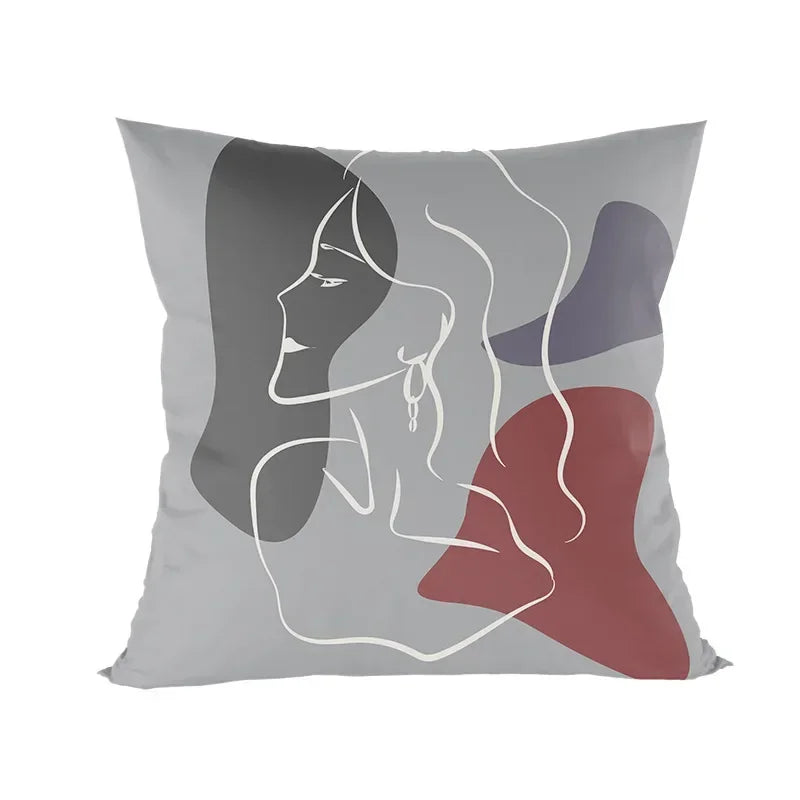 Abstract Line Drawing Girls Print Cushion Cover 45x45cm by Axyaa