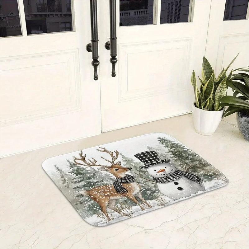 Axyaa Snowman & Fawn Printed Non-Slip Floor Mat for Home Décor