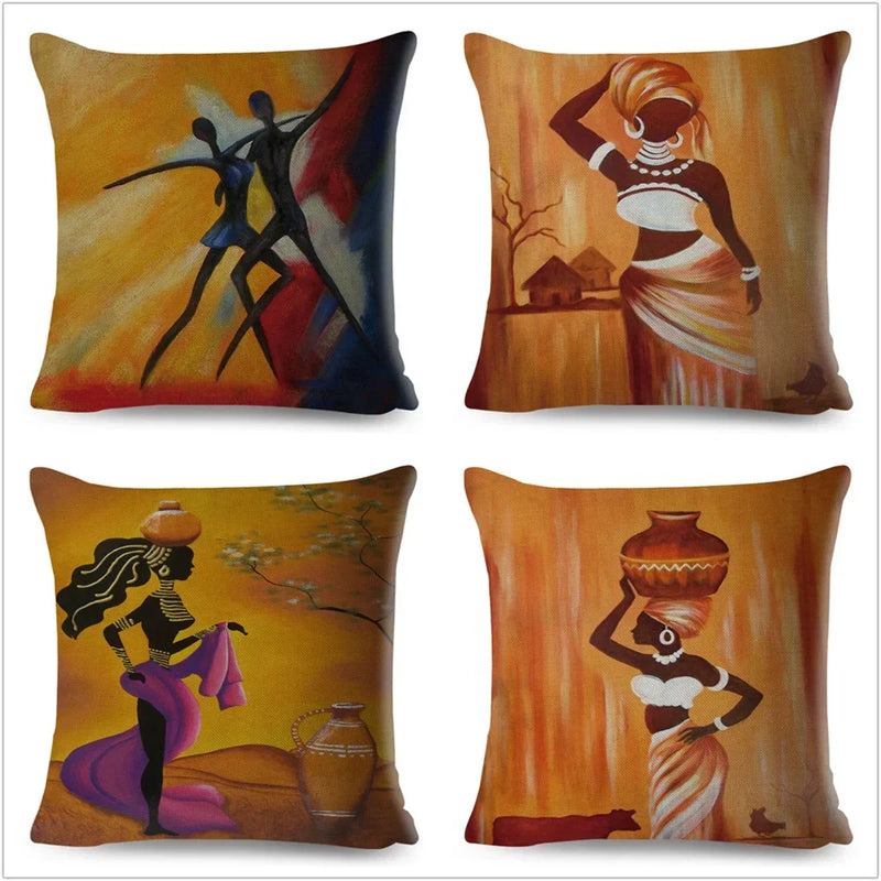 Axyaa Abstract African Woman Decorative Cotton Linen Cushion Cover