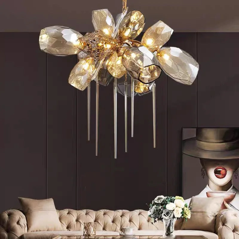 Luxury Axyaa Villa Glass Chandelier: Modern Metal Living Room Lighting Fixture