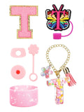 Axyaa Cup Set: Initials Silicone Straw Cap Boot Handle Sticker Charm