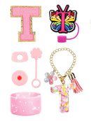 Axyaa Cup Set: Initials Silicone Straw Cap Boot Handle Sticker Charm