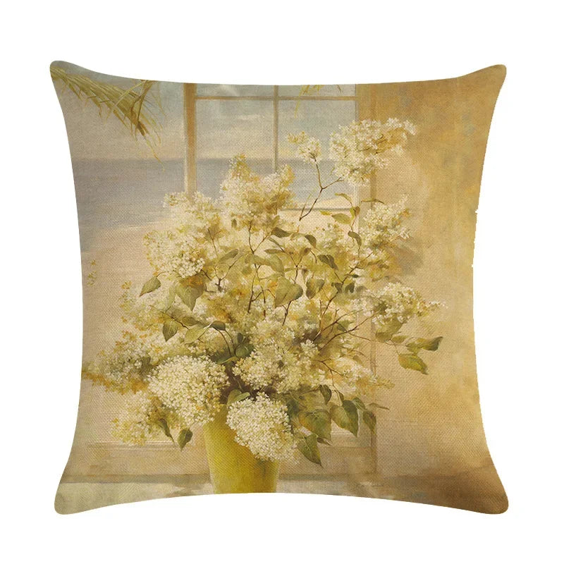 Axyaa Retro Flower Oil Painting Linen Pillowcase 45*45cm
