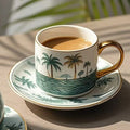 Axyaa Ocean Pattern Ceramic Flower Coffee Cup with Gold Handle and Dish