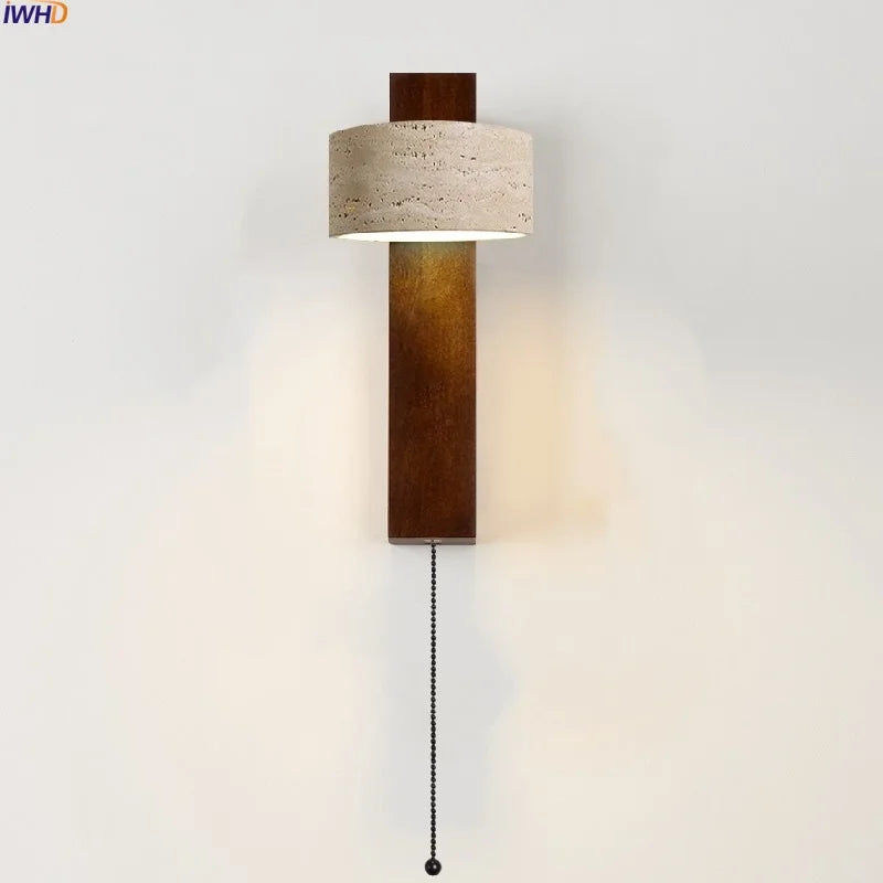 Axyaa Wabi Sabi LED Wall Lamps Wood Yellow Travertine Pull Chain Switch Rotate Bedroom Living Room Lights