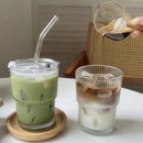 Axyaa 450ml Striped Glass Cup with Lid and Straw - Drinkware for Juice, Coffee, and Tea