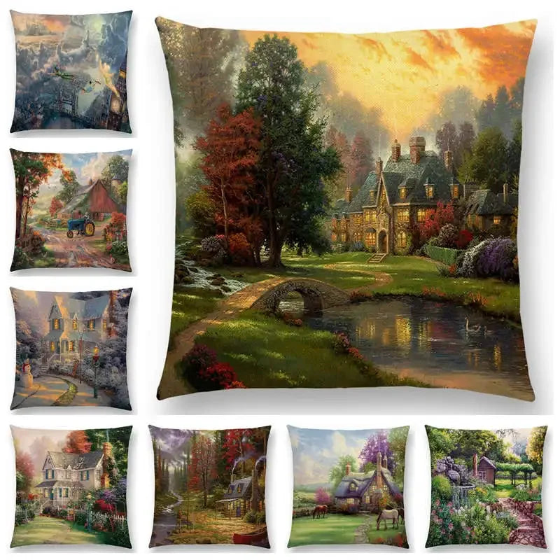 Axyaa Castle Lighthouse Scenery Painting Cushion Cover - Sofa Pillowcase