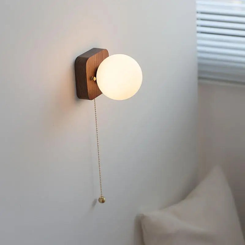 Axyaa Walnut Wood Glass Wall Lamp - Spherical Indoor Light for Living Room, Bathroom & Stairs