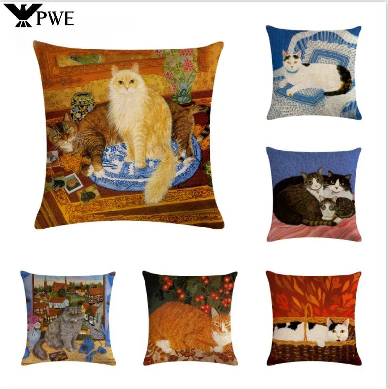 Axyaa Retro Cat Linen Pillowcase 45*45cm - Home & Sofa Decoration