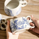 Axyaa Blue Patterned Ceramic Coffee Mug with Double Handles for Home Tea Enjoyment