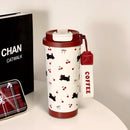 Axyaa Cherry Cat Tumbler: 500ml Stainless Steel Thermal Cup with Straw