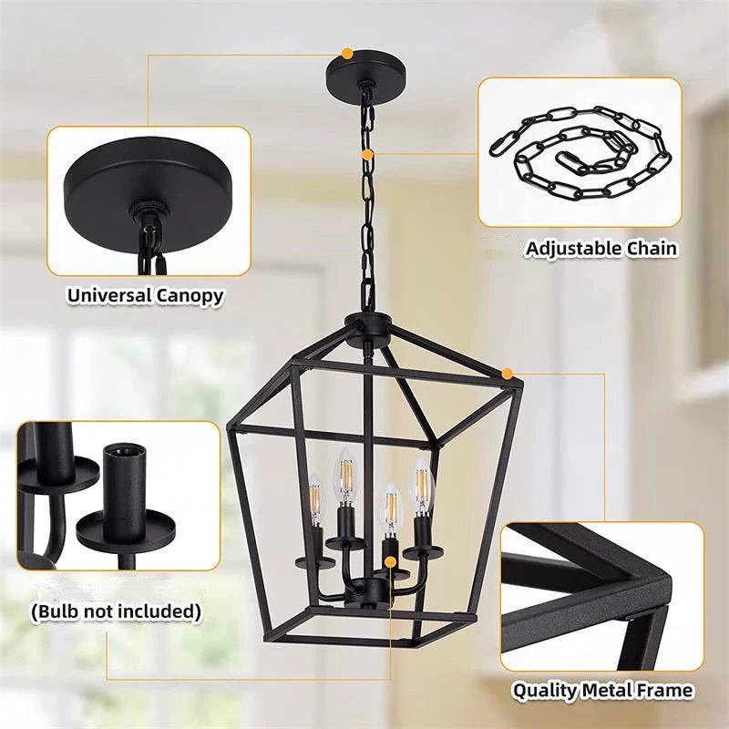 Axyaa Retro Industrial Bird Cage Candle Chandelier in Black Wood Color
