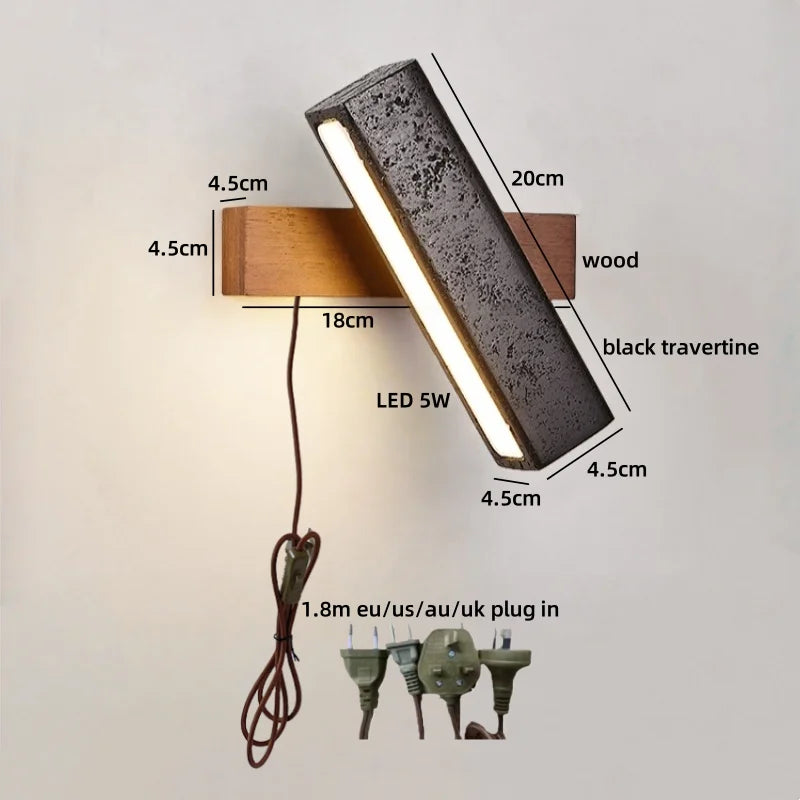 Axyaa Wabi Sabi LED Wall Light Black Travertine Wood Pull Chain Switch Bedside Lamp