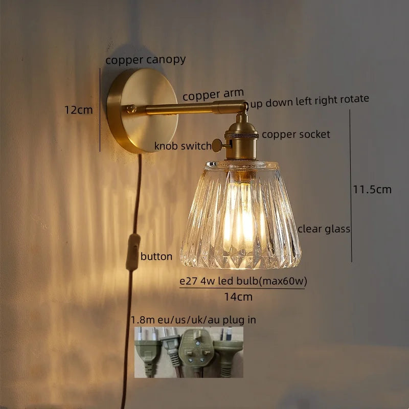 Axyaa Copper Glass Knob Switch LED Wall Light Fixture for Bedroom, Nordic Modern Arandela