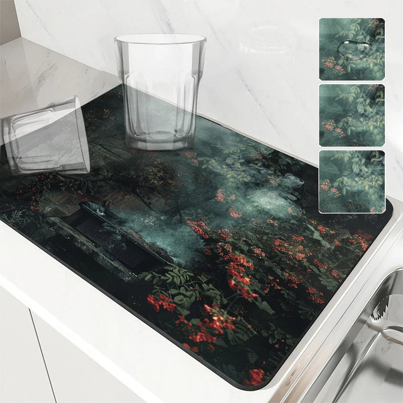 Axyaa Natural Flowers Kitchen Drying Mat - Antiskid & Quick Dry Absorbent Pad