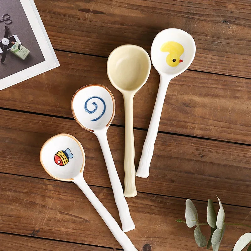 Axya Hand-Painted Ceramic Soup Spoon - Japanese Style Dessert Spoon