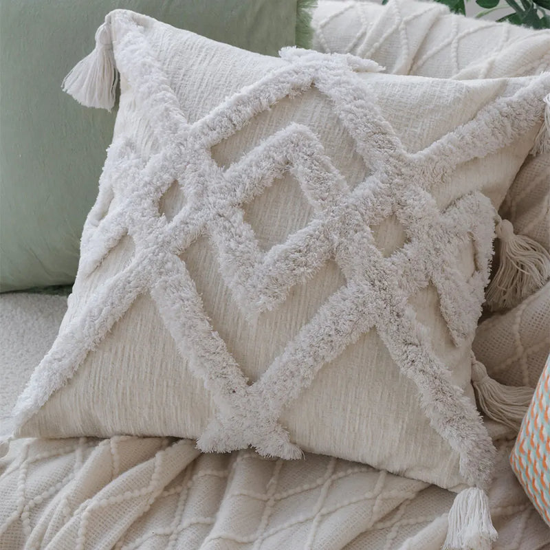 Axyaa White Tufted Tassel Cushion Cover - Mori Style Home Decor Pillowcase