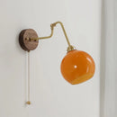 Axyaa Green Glass Copper LED Wall Sconce with Pull Chain Switch and Walnut Wood Base