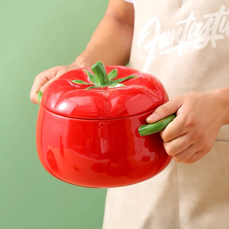Axya Tomato Soup Bowl Set - Porcelain Binaural Disc Plate & Ceramic Pot