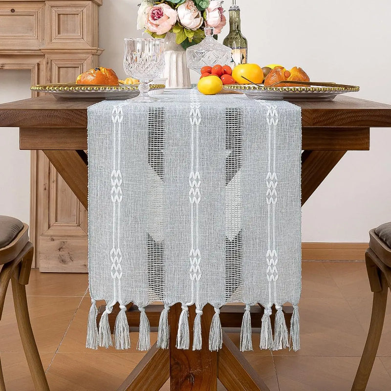 Axyaa Rustic Bed Runner with Tassel - Ivory/Grey/Green/Blue