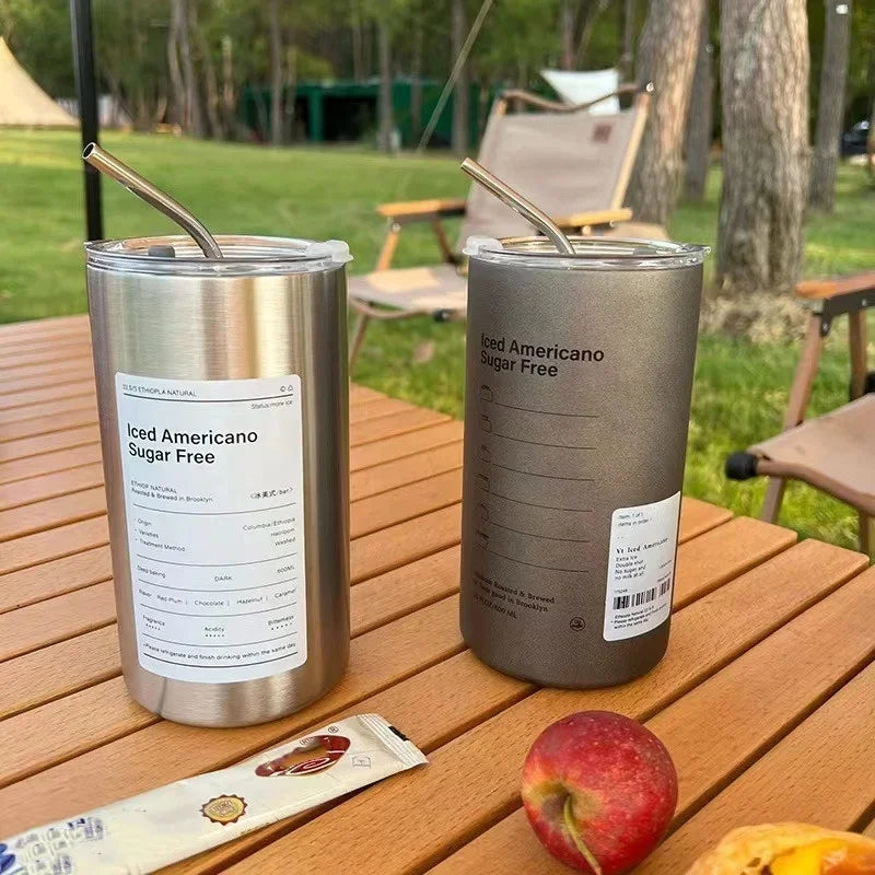 Axyaa Stainless Steel Double-layer Coffee Cup with Straw