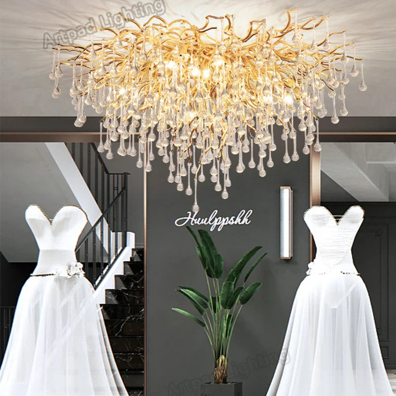 Axyaa Crystal Gold Tree Branch Ceiling Chandelier