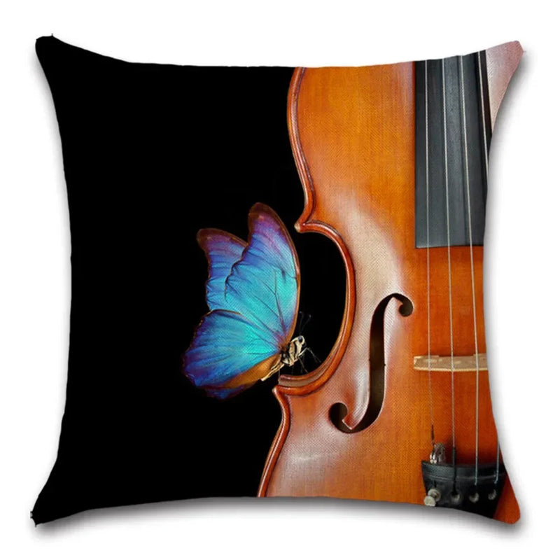 Axyaa Violin Print Decorative Square Pillowcase Cotton Linen Cover