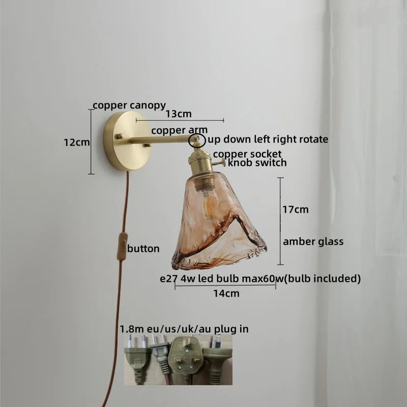Axyaa Glass Copper LED Wall Lamp with Knob Switch for Modern Home Decor