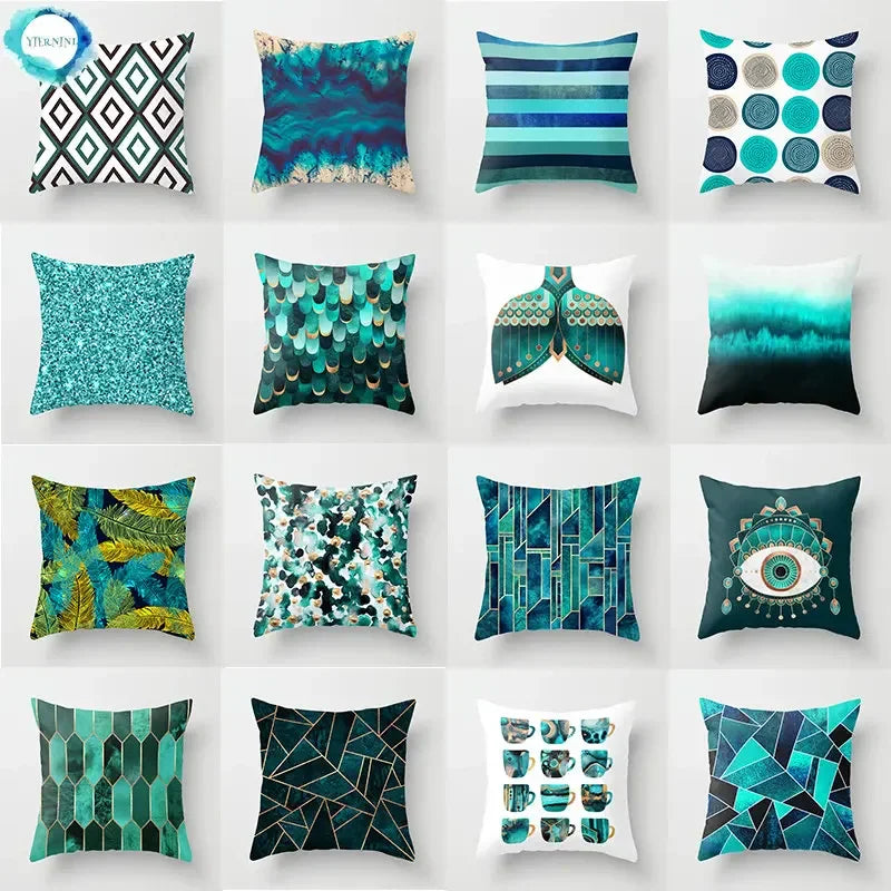 Teal Blue Flower Leaves Pattern Pillow Case for Home Decor by Axyaa