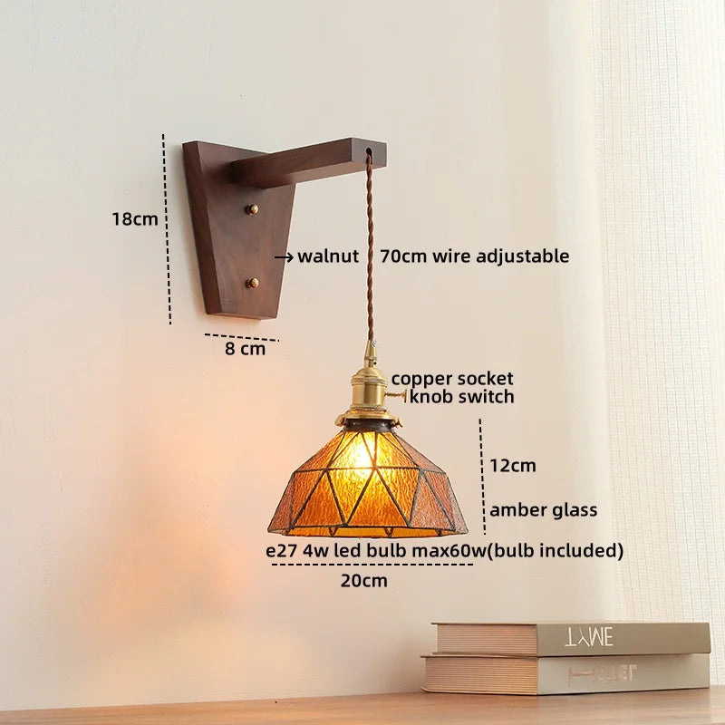 Axyaa Nordic Glass Walnut LED Wall Lights with Pull Chain Switch for Bedroom