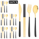 Axyaa Black Gold Flatware Set Stainless Steel Cutlery Knife Fork Spoon Chopsticks
