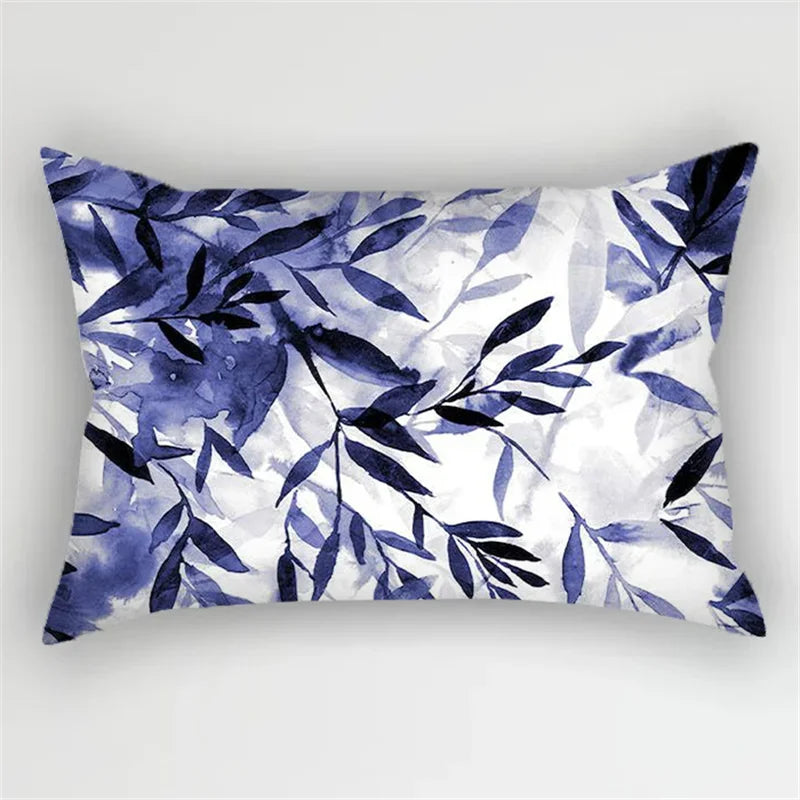 Bohemian Blue Flower Pillowcase with Vintage Ink Plant Leaf Design, by Axyaa