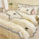 Axyaa Princess Bow Seersucker Bedding Set: Ruffle Lace Bed Skirt, Solid Duvet Cover Queen King