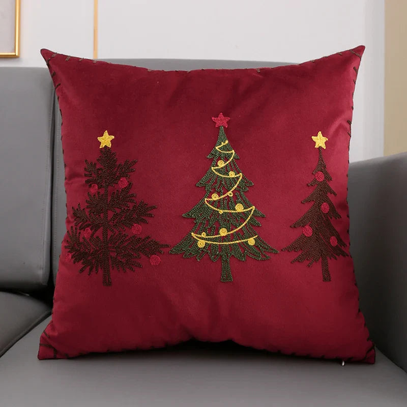 Axyaa Christmas Tree Deer Embroidery Cushion Cover 45x45cm Soft Velvet Square Pillow