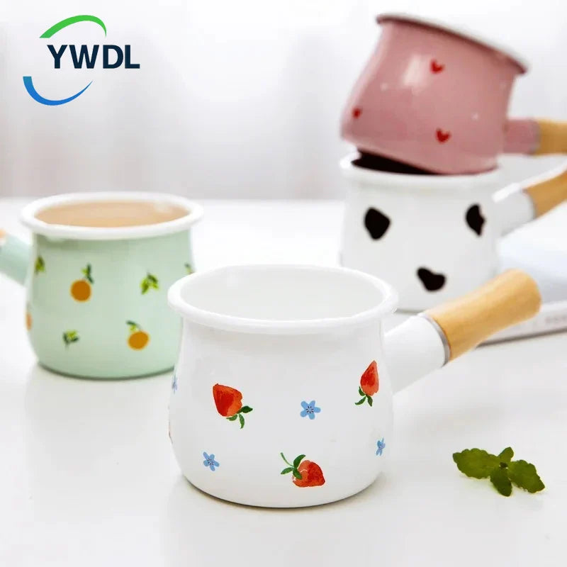 Axya Enamel Coffee Milk Pot Wooden Handle Saucepan Cookware Butter Pan Gas Stove