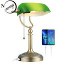 Axyaa Green Glass Bankers Desk Lamp with USB Charging Port and Pull Chain Switch