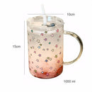 Axyaa 1000ml Glass Tumbler with Lid and Straw, Cute Kawaii Design