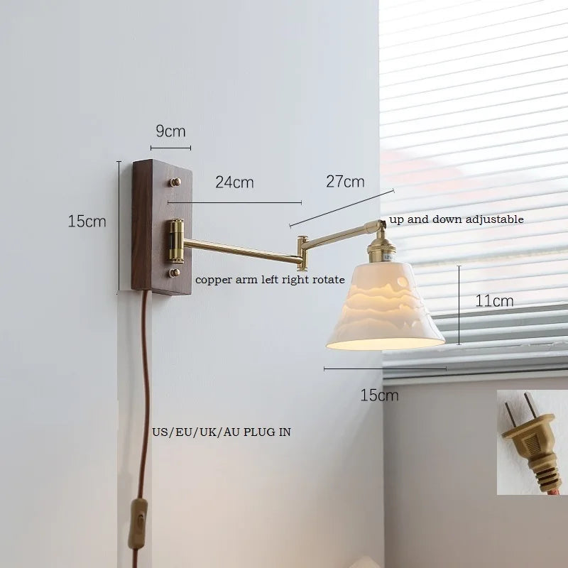 Axyaa Walnut Ash Wood Canopy LED Wall Sconce with Pull Chain Switch
