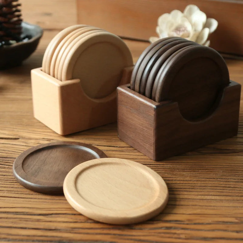 Axya Black Walnut Wooden Coaster Set - 6 Round Placemats Heat Pad, Solid Wood Boxed