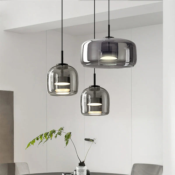 Axyaa Modern Smoky Grey Glass Chandelier - LED Pendant Light for Kitchen Island, Bar, Bedroom