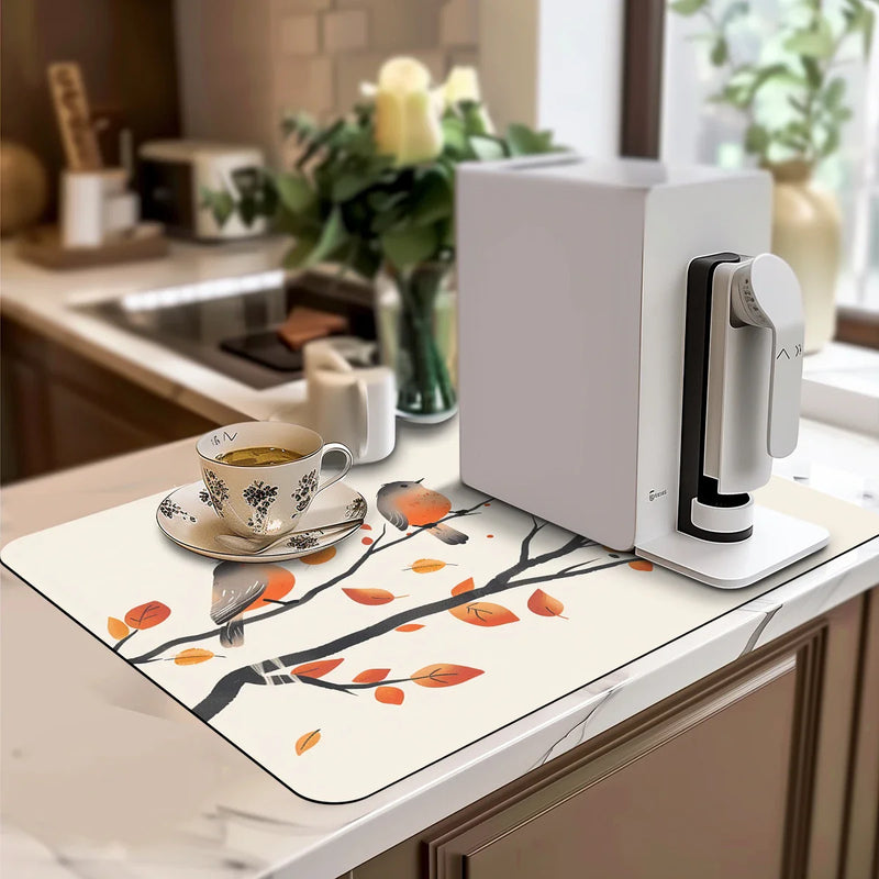 Axyaa Watercolor Twig Drying Mat - Quick Drain Pad for Kitchen and Bathroom