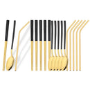 Axyaa Mirror Black Flatware Set: 18Pcs Stainless Steel Cutlery, Chopsticks, Spoon, Straws
