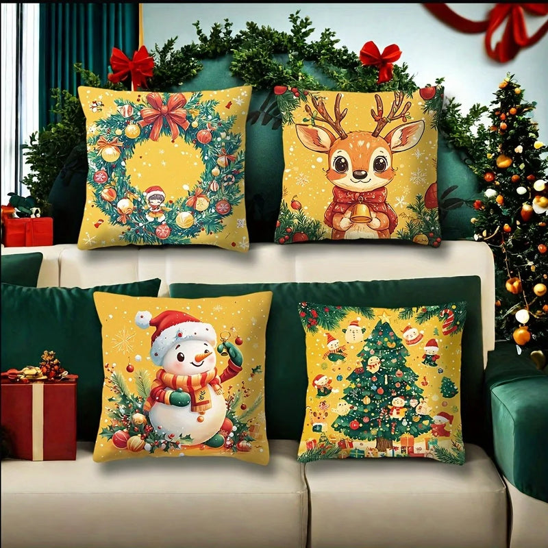 Axyaa Christmas Pillowcase Set: Snowman, Fawn, Garland, Christmas Tree Print