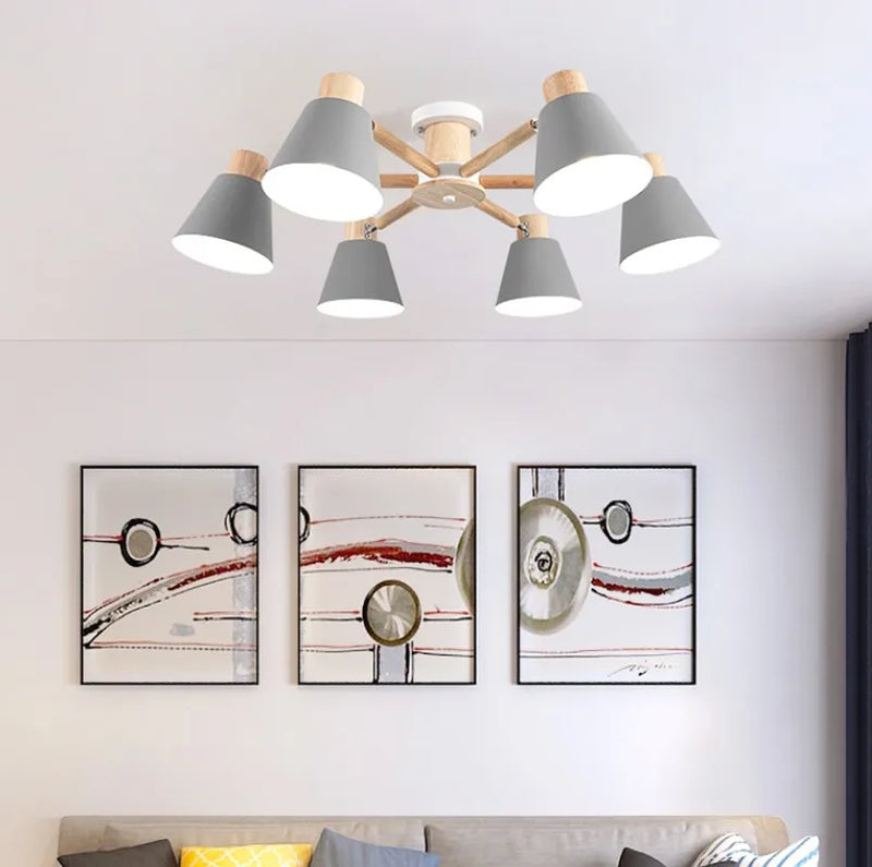 Axyaa Nordic Macaron Wooden Ceiling Light with E27 Bulbs, 3/6 Heads for Interior Lighting