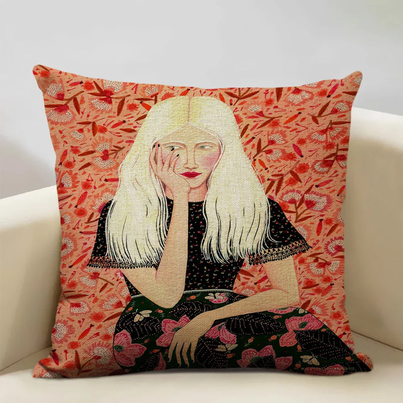 Axyaa Beauty Girl Cat Print Linen Pillowcase Portrait Cartoon Home Decor Cover