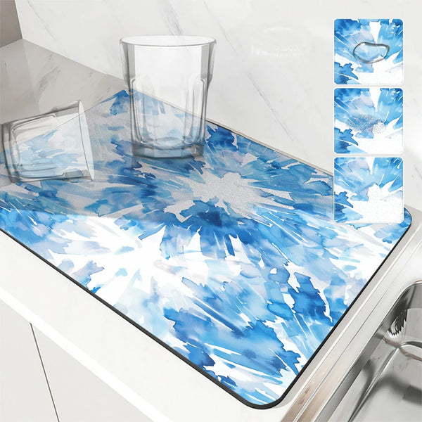 Axyaa Watercolor Abstraction Drying Mat - Non-Slip Absorbent Placemat for Kitchen Counter