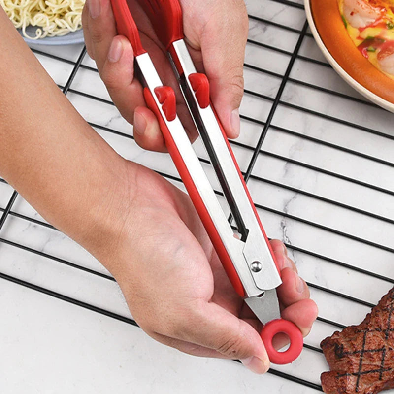 Axyaa Silicone Food Tong Stainless Steel BBQ Tongs Heat Resistant Kitchen Clips