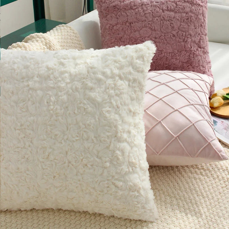 Axyaa White/Pink Plush Cushion Cover 45x45 for Living Room Sofa, Office Décor