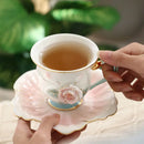 Axyaa Camellia Flower Ceramic Coffee Cup Saucer Set - Embossed Floral Design Mug Home Gift