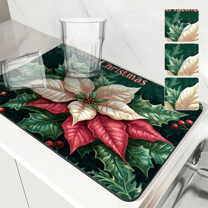 Axyaa Christmas Poinsettia Draining Mat - Super Absorbent Kitchen & Bathroom Drain Pad